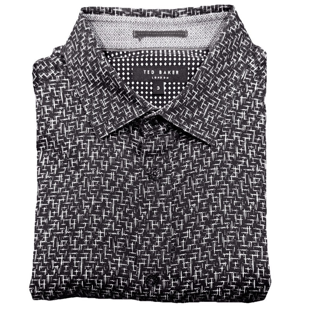 Ted Baker Button Down Shirt Mens 3 Medium Black White Squiggle Excellent